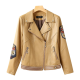 Beige Leather Biker Jacket with Patch Details