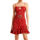 Red Floral Spaghetti Strap Dress with Heart Embroidery
