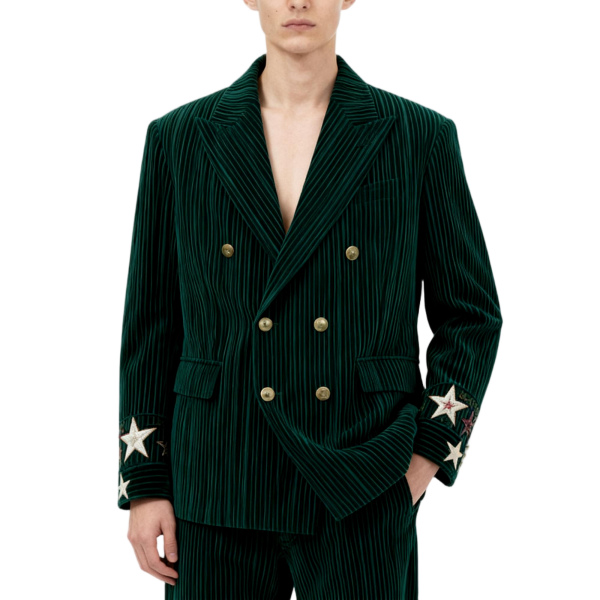 Dark Green Striped Velvet Blazer with Star Embroidery
