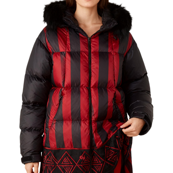Black and Red Striped Puffer Coat with Fur Hood